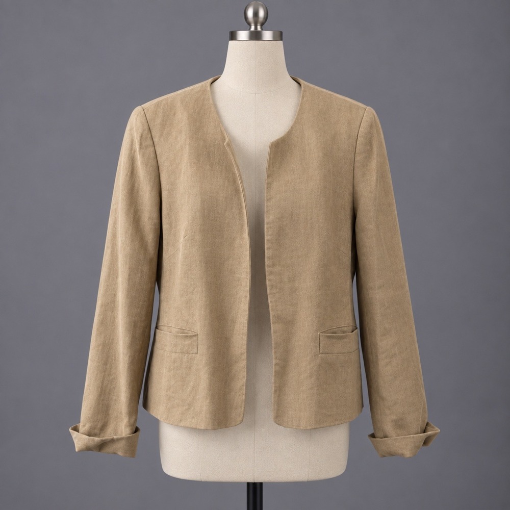Talbots Jacket Womens 8 Irish Linen Tan Beige Open Front Lined Blazer Pockets